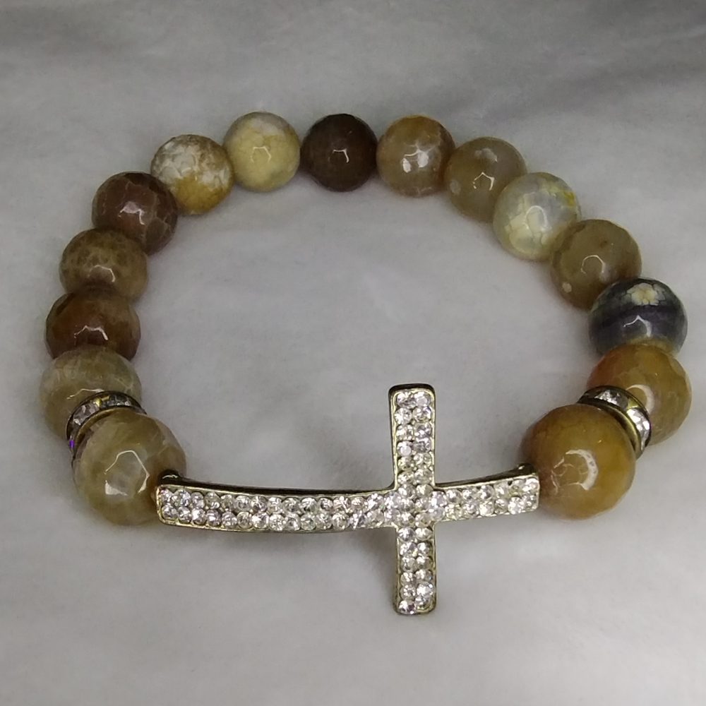 Stretchy Round Crystal & Stone Bead Bracelet with Bedazzled Rhinestone Cross